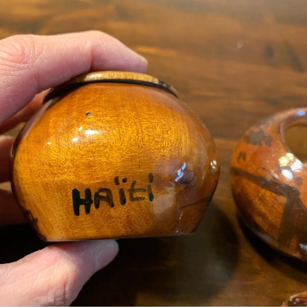 (2) Decorative Hand Carved Turned Wood Bowls with Finial Knob Lids from Haiti